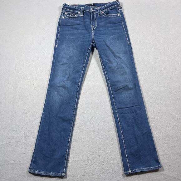 True Religion Jeans Women 29 Billie Big T Mid Rise Straight Blue Contrast Stitch - Picture 1 of 12